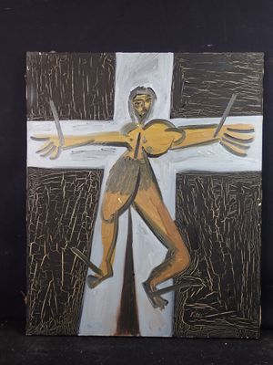 un tableau représentant un homme tenant un couteau et une croix