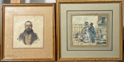 deux tableaux encadrés représentant des hommes et des femmes, posés sur une étagère dans une pièce