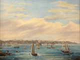 a painting of boats in the water with a city in the background