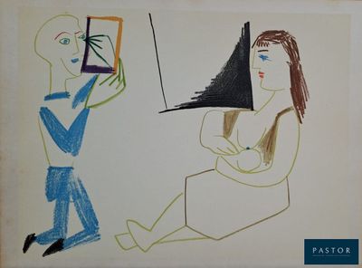 dessin représentant une femme assise par terre, avec un homme debout à côté d'elle