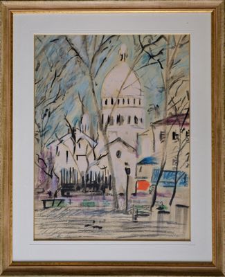 painting of a church with a clock tower in the background