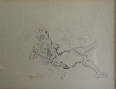 un dessin représentant un homme à cheval dans un champ