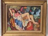 an oil painting of a woman laying on a couch in a gold frame