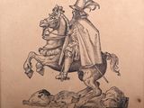 an old drawing of a man riding a horse with a hat on