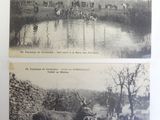 two old black and white photos of people and animals by a pond