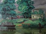 painting of a man standing in front of a boat on a river