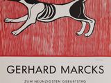 affiche représentant un chien noir et blanc en train de courir sur un fond rouge