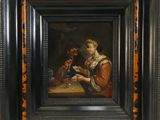 une peinture à l'huile représentant un homme assis à une table avec un verre de vin