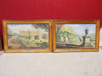 deux tableaux encadrés représentant un château et un parc avec une fontaine