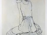 dessin représentant une femme assise sur un tabouret, les jambes croisées