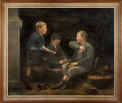 une peinture à l'huile représentant trois garçons assis sur un banc dans une pièce