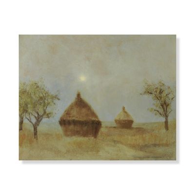 an image of a painting of two straw huts in a field