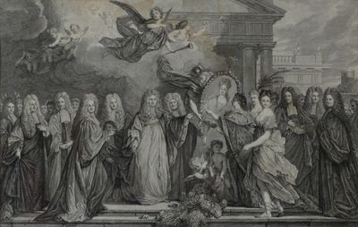 un dessin représentant un groupe de personnes debout sur une scène