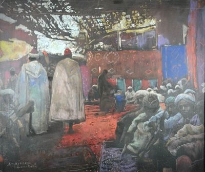a painting of a group of people standing in front of a building