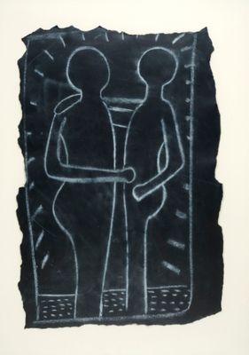 black and white drawing of a man and a woman standing in front of a mirror