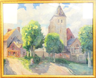 painting of a church in a village with a road and trees