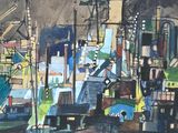 a painting of a harbor scene with boats in the water