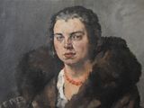painting of a woman in a fur coat with a red necklace