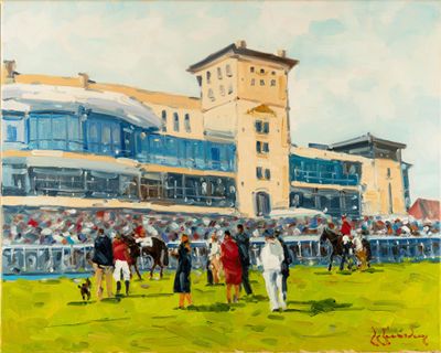 tableau représentant un groupe de personnes rassemblées autour d'un hippodrome