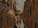 painting of a canal with a gondola in the middle of it