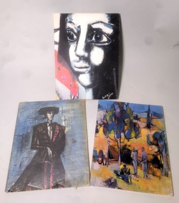 trois tableaux représentant une femme coiffée d'un chapeau et un homme en costume