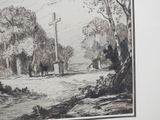 a black and white drawing of a horse and a cross