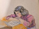 drawing of a woman reading a book while sitting at a table