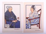 deux peintures de femmes assises sur une chaise devant un mur blanc