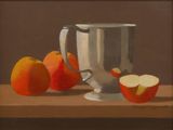 un tableau représentant une pomme et une orange posées sur une table