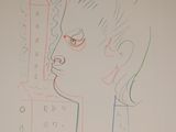 drawing of a woman ' s face on a whiteboard with a building in the background