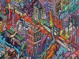 une image représentant un tableau d'une ville avec de nombreux bâtiments