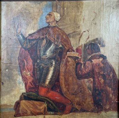 une image représentant un tableau d'un homme en armure, muni d'une épée et d'un bouclier