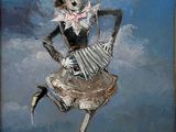 an image of a painting of a woman in a dress on a skateboard