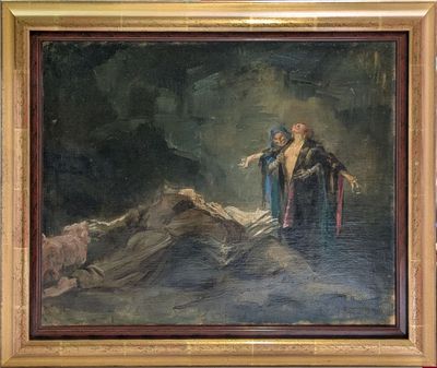 une peinture à l'huile représentant un homme et une femme debout devant un plan d'eau