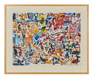 une peinture abstraite composée de différentes couleurs et formes sur fond blanc
