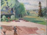 an oil painting of a person walking down a path in a park