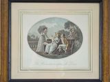 a framed picture of a family gathering in a garden