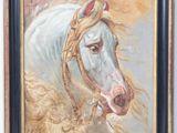une peinture à l'huile représentant un cheval blanc portant une bride dorée sur la tête
