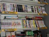 many books on the shelves in the store