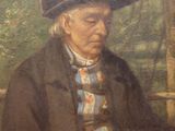painting of a man in a black hat sitting on a bench