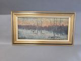 an oil painting of a snowy landscape with trees in the foreground