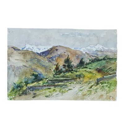 aquarelle représentant un paysage avec des montagnes et des arbres au loin