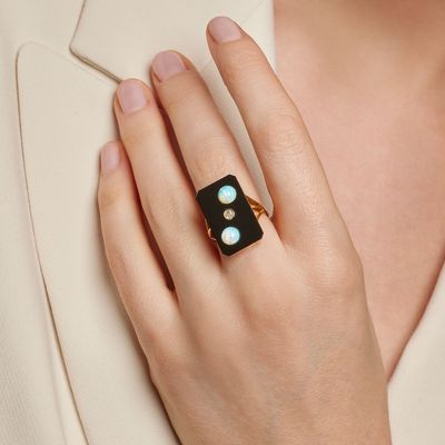 Annees 1920 Bague Rectangulaire Opales Diamant