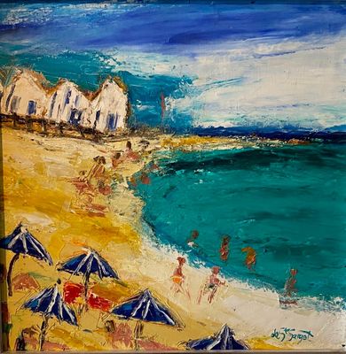 tableau représentant une scène de plage avec des parasols et des personnes sur la plage