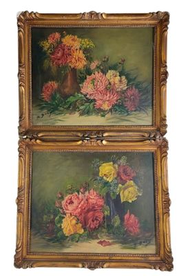 two paintings of flowers in a vase and a vase of flowers on a table