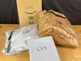 three bags of food sitting on a table next to a bag of food