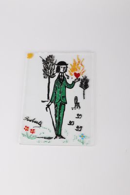a drawing of a man in a green suit holding a broom and a fire