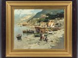 an oil painting of a beach scene with boats and people on the shore