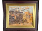 une peinture à l'huile représentant une vue de ville avec une tour horloge en arrière-plan