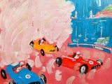 une image représentant un tableau où l'on voit plusieurs voitures sur un fond rose
